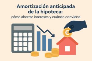 Infografía ilustrada sobre amortización anticipada de la hipoteca con calculadora, gráfico descendente, monedas y mano depositando moneda en una casa
