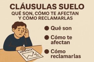 Infografía sobre las cláusulas suelo con un dibujo de persona preocupada leyendo una hipoteca, junto a un título y tres puntos sobre qué son, cómo te afectan y cómo reclamarlas