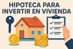 Ilustración de una casa, monedas y una lista de verificación que simboliza la financiación mediante hipoteca para inversión inmobiliaria