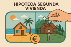 Ilustración de una casa en la playa y otra en la montaña con una mano entregando llaves, representando la compra de una segunda vivienda con hipoteca