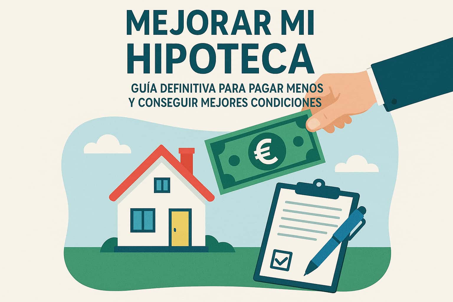 Ilustración de una casa, un billete de euro y un contrato, representando la guía para mejorar una hipoteca y conseguir mejores condiciones