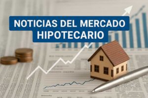 Imagen con el texto "Noticias del Mercado Hipotecario" sobre un gráfico ascendente, junto a una casa en miniatura y monedas