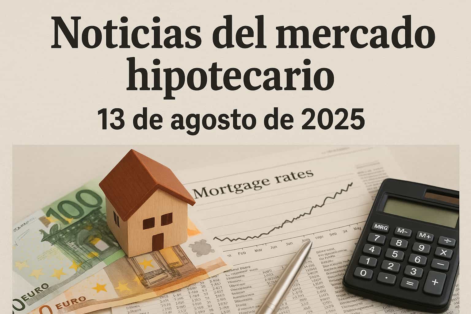 Portada de noticias del mercado hipotecario del 13 de agosto de 2025 con una casa en miniatura sobre billetes de euro, un gráfico de tipos de interés y una calculadora