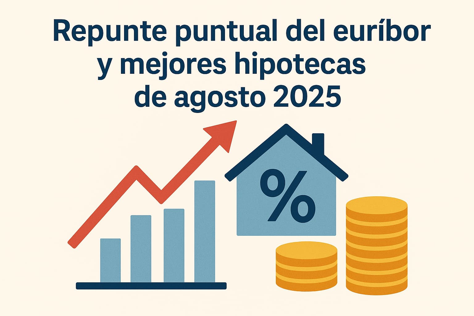 Ilustración con gráfico ascendente, casa con símbolo de porcentaje y monedas que acompaña el titular "Repunte puntual del euríbor y mejores hipotecas de agosto 2025