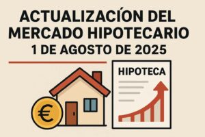 Gráfico con una casa, una moneda de euro y una flecha ascendente representando la actualización del mercado hipotecario al 1 de agosto de 2025