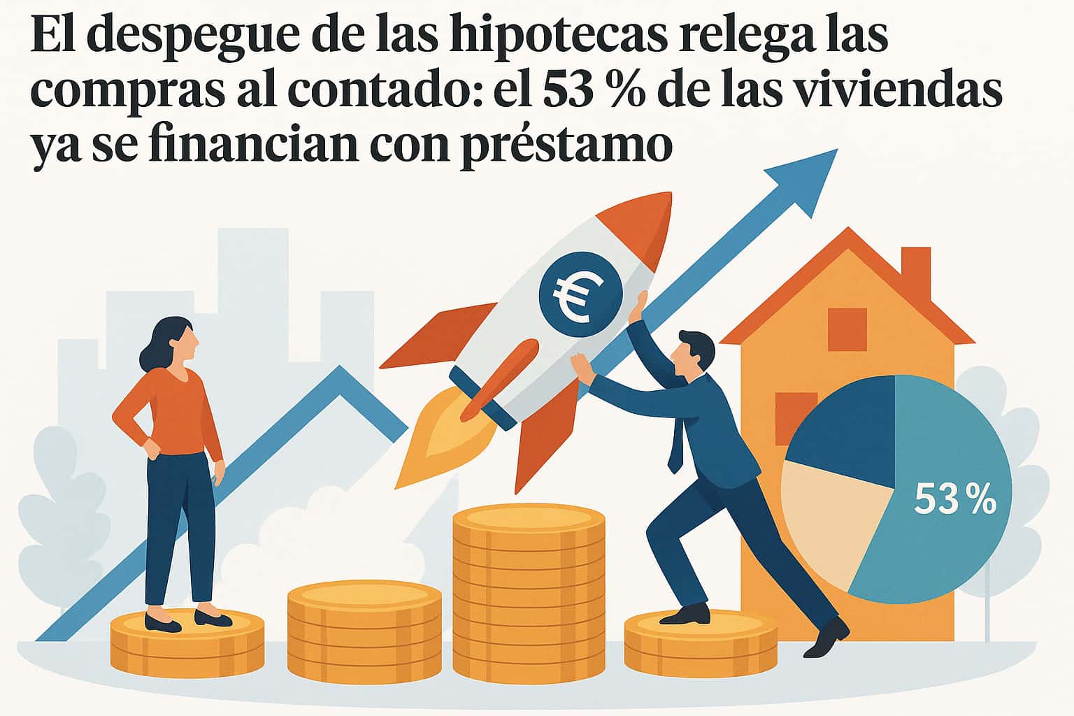 Gráfico ascendente y casa en miniatura que ilustran el aumento de hipotecas frente a las compras al contado en 2025