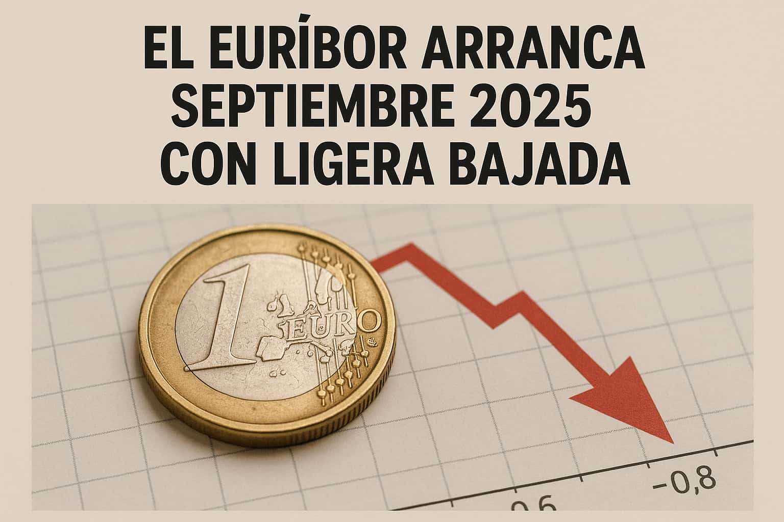 Moneda de un euro con un gráfico descendente y una flecha roja apuntando hacia abajo, simbolizando la ligera caída del Euríbor en septiembre de 2025.