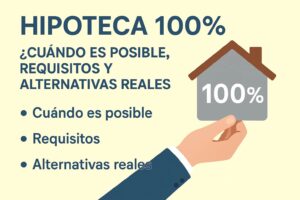 Hipoteca 100% sin entrada: mano sosteniendo casa con 100% y lista de puntos informativos