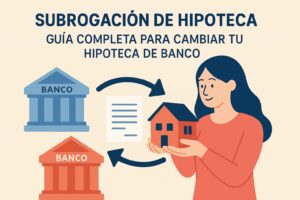 Ilustración de mujer trasladando su hipoteca de un banco a otro, simbolizando la subrogación hipotecaria