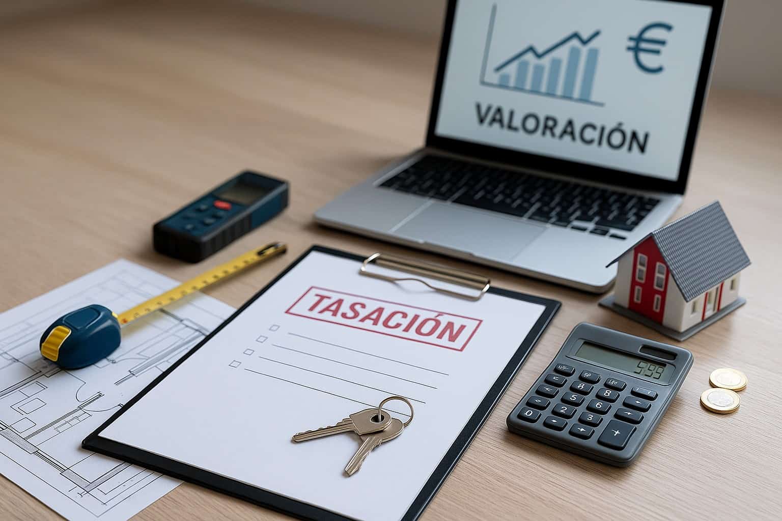 Plano, calculadora, llaves y portátil con gráfico: tasación hipotecaria 2025