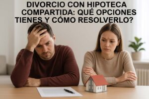 Pareja preocupada revisando documentos y maqueta de casa, simbolizando hipoteca compartida tras un divorcio