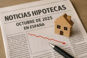 Titular de periódico con el texto "Noticias Hipotecas Octubre de 2025 en España" acompañado de una casa de madera y una gráfica descendente.